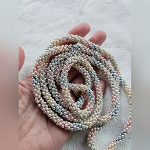 Vintage Faux Pearl Pastel Rainbow Thread Necklace, Long, White, Multicolor